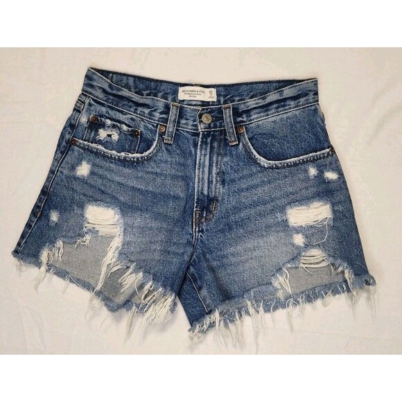Abercrombie & Fitch Shorts 25/0 Blue Boyfriend Curve Love Distressed Cut Off - Picture 8 of 8